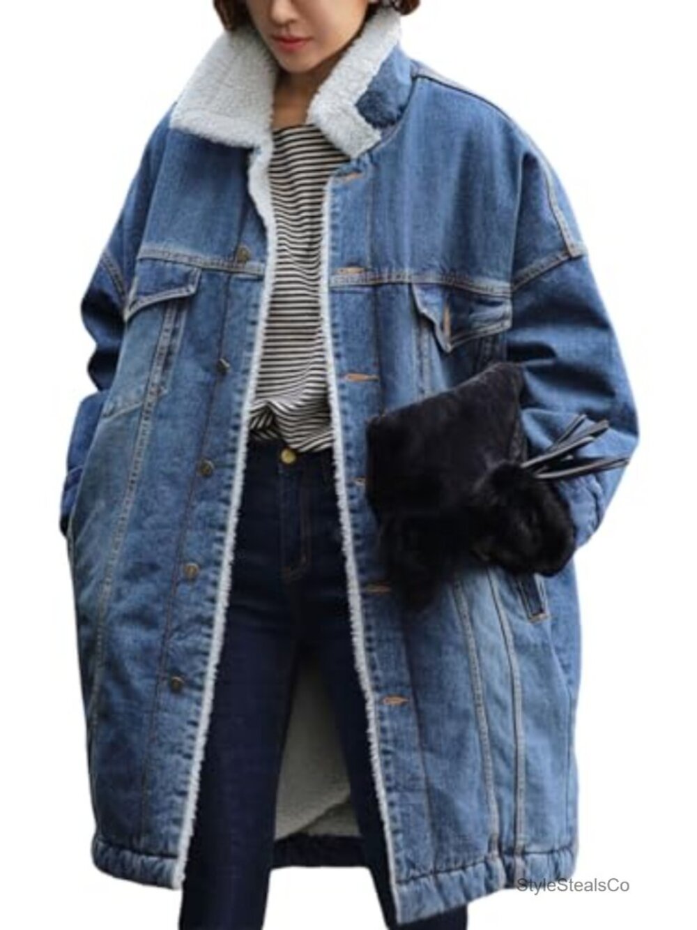 Women Long Sherpa Fleece Lined Denim Jacket Trench Coat Button Down Patchwork